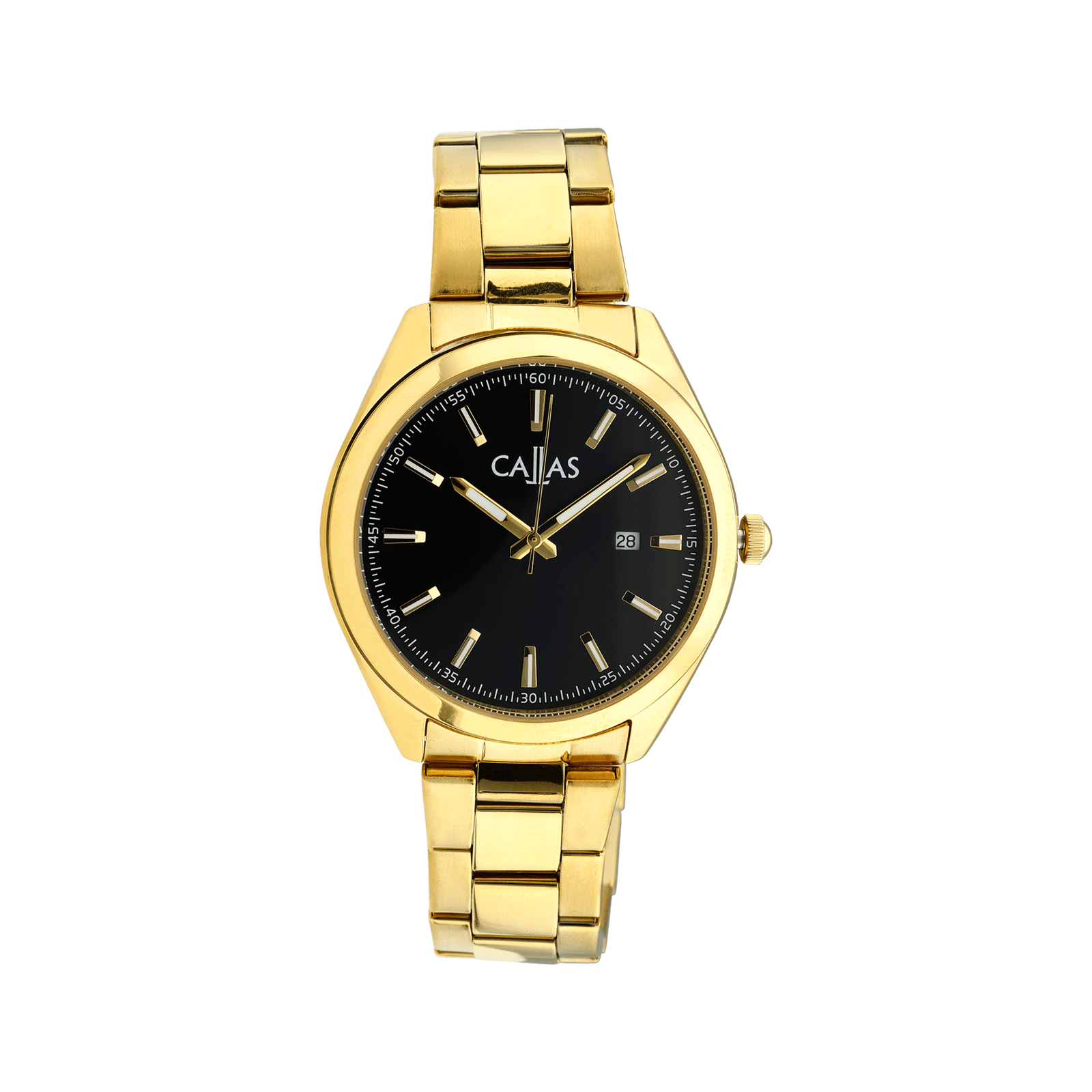 montre callas 40 mm boîtier acier date bracelet doré cadran noir 5 atm