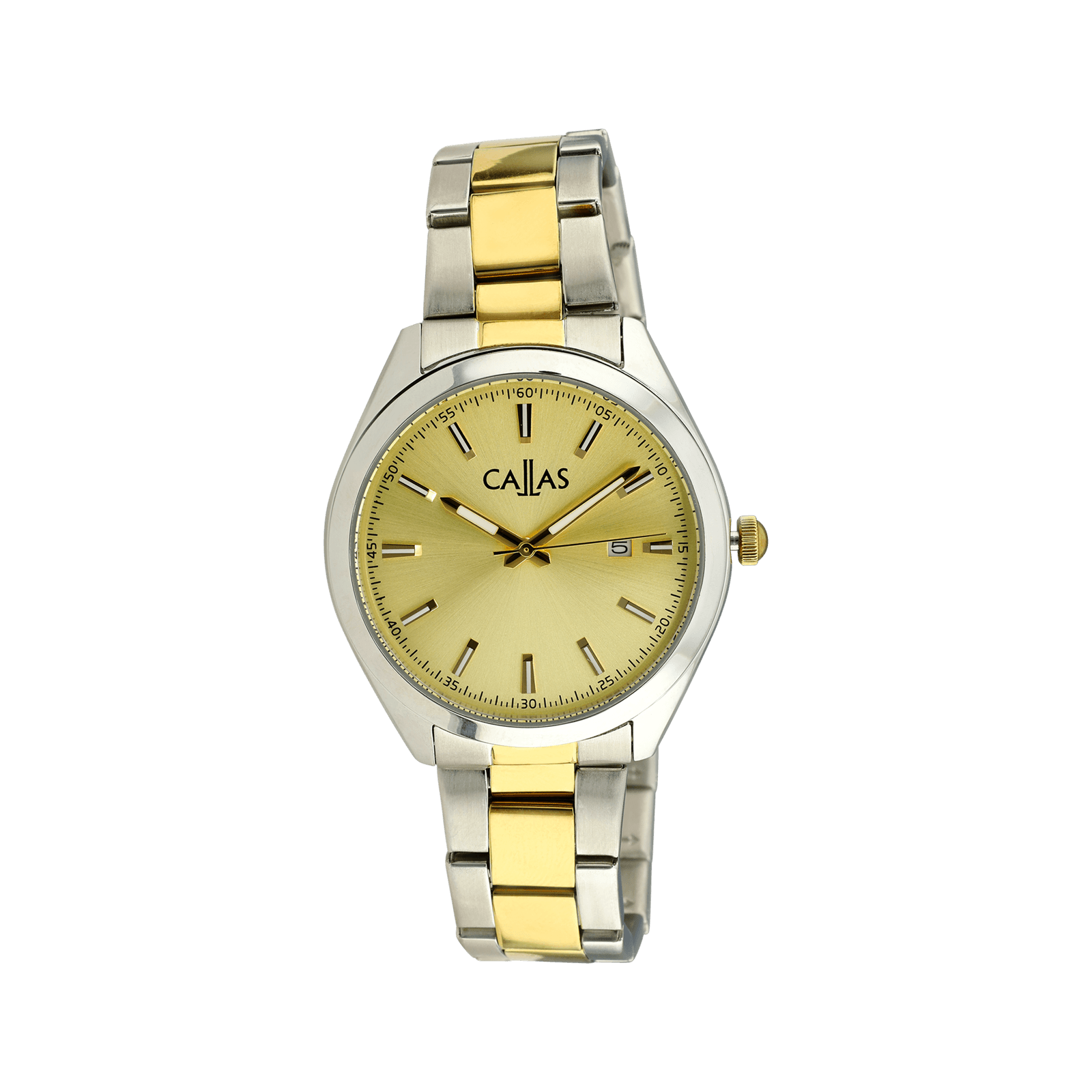 Montre Callas 40 millimètres boîtier acier date bracelet ips/Acier doré cadran champagne sunray 5 atmosphères
