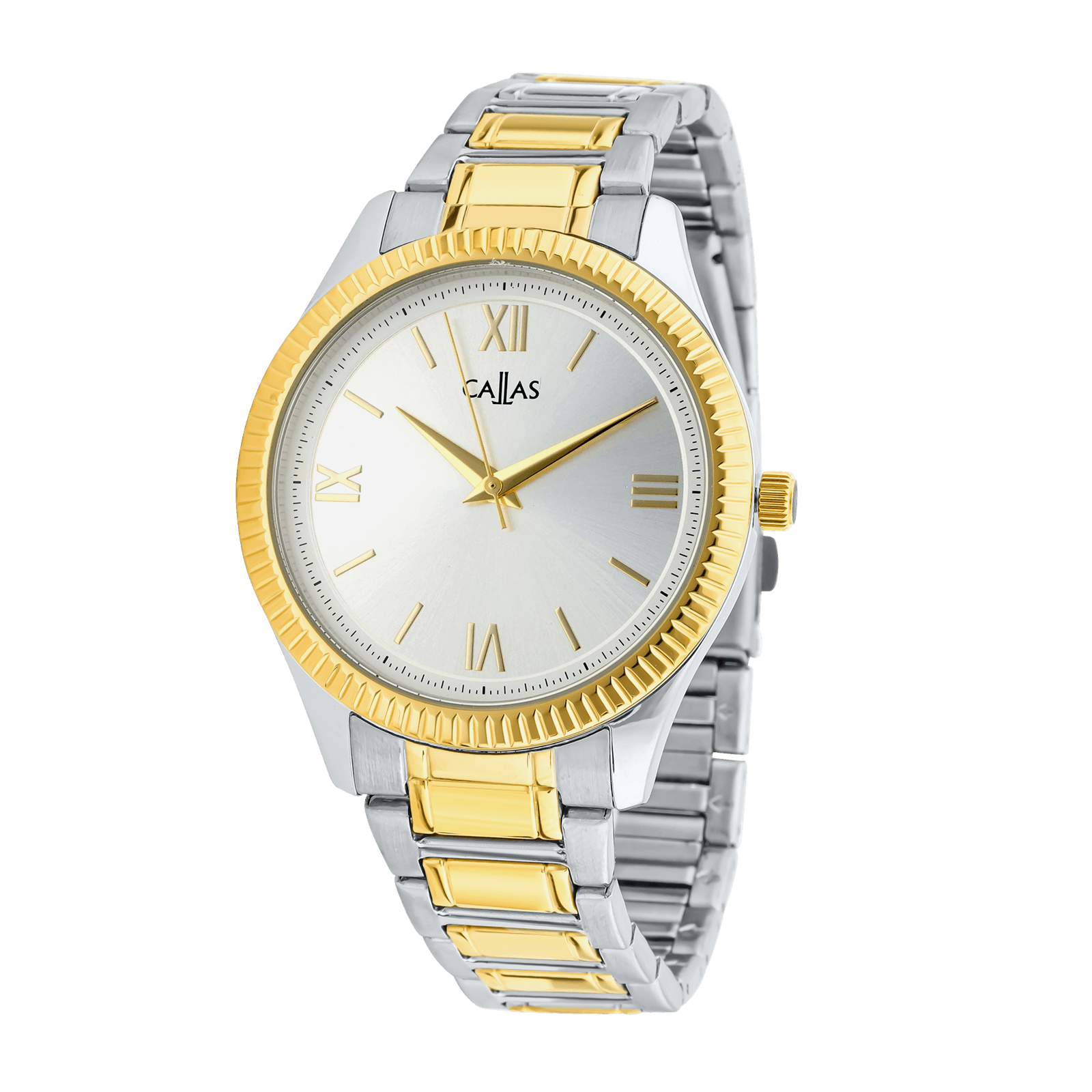 montre callas 40 mm acier bracelet métal ips doré cadran argent sunray 5 atm