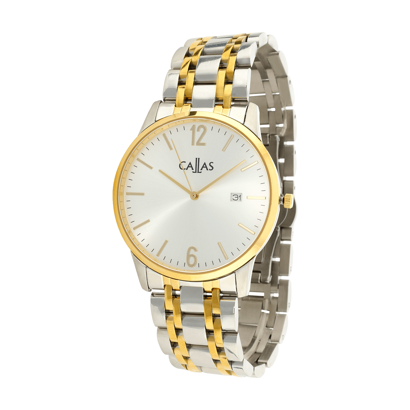 montre callas 40.5mm acier date bracelet ips/acier doré lunette doré cadran argent sunray 5 atm