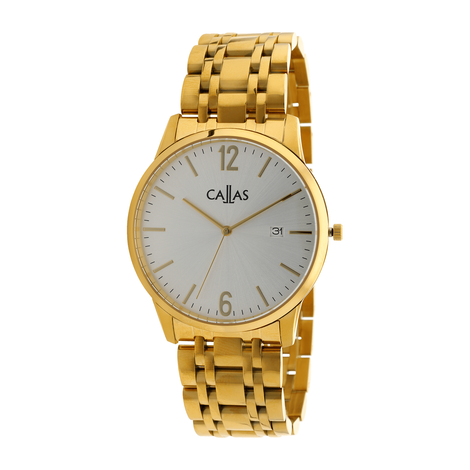 montre callas 40.5mm acier date bracelet doré cadran argent sunray 5 atm