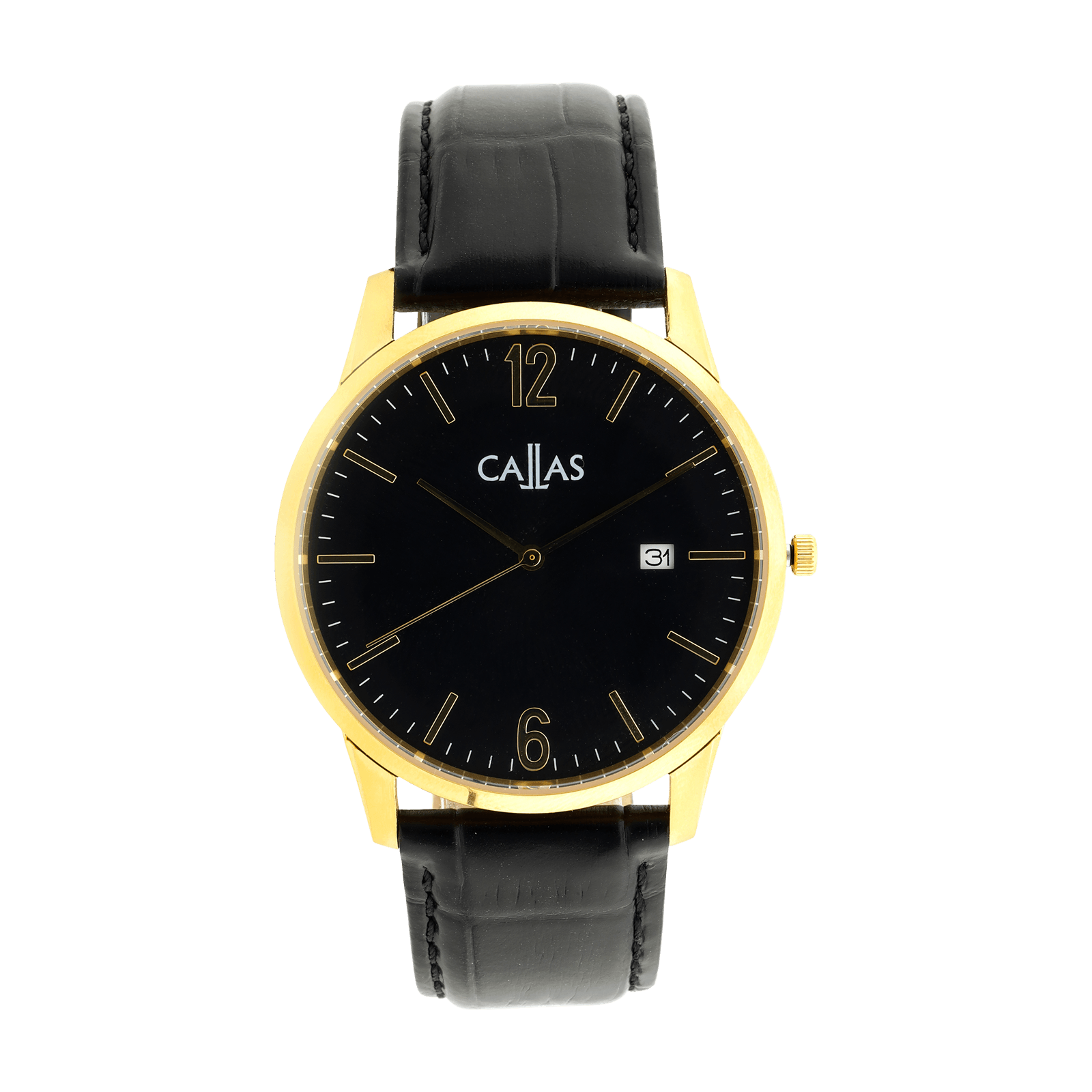montre callas 40.5mm acier date bracelet cuir noir lunette doré cadran noir sunray 5 atm