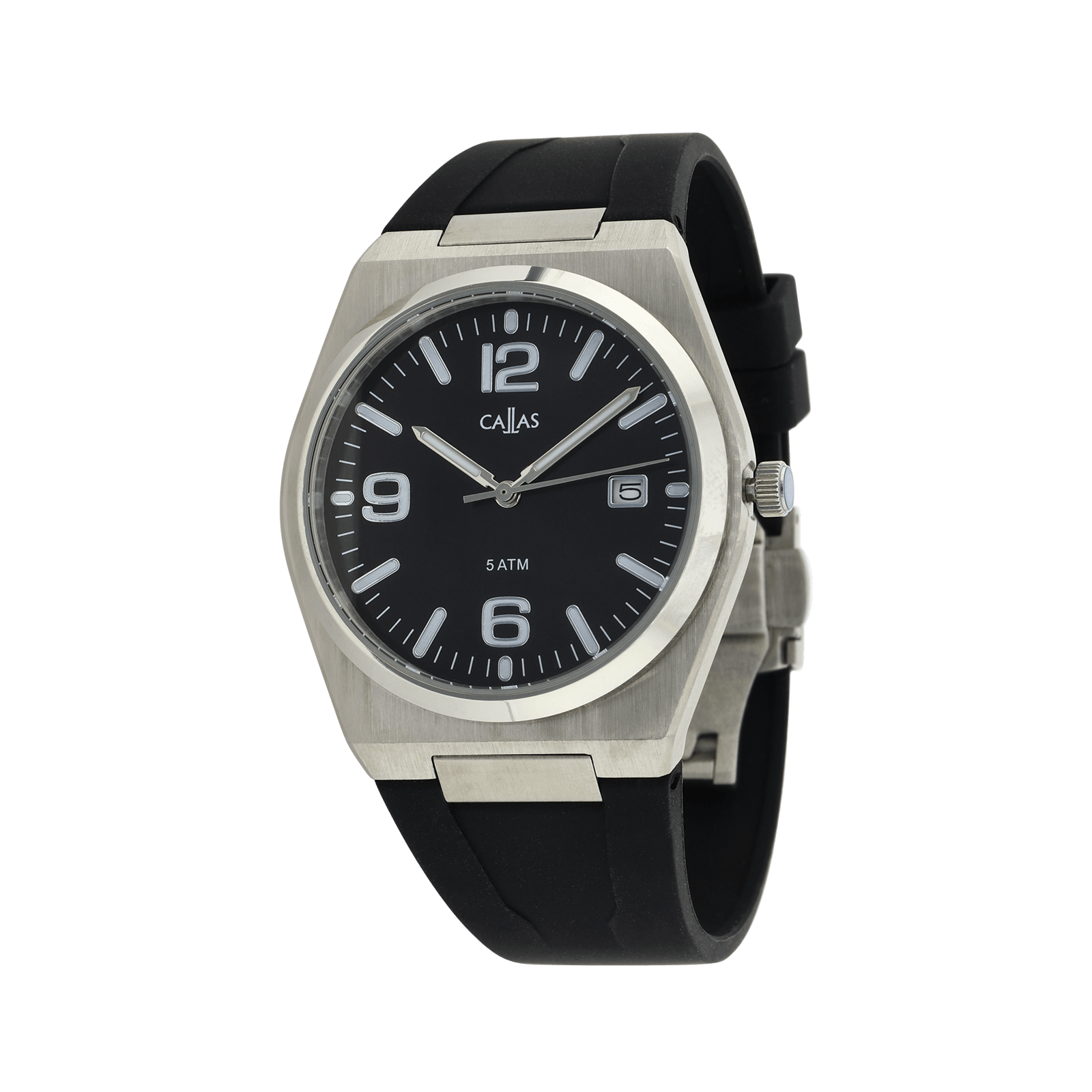 Montre Callas 40mm Acier date Bracelet silicone noir Cadran noir 5 ATM