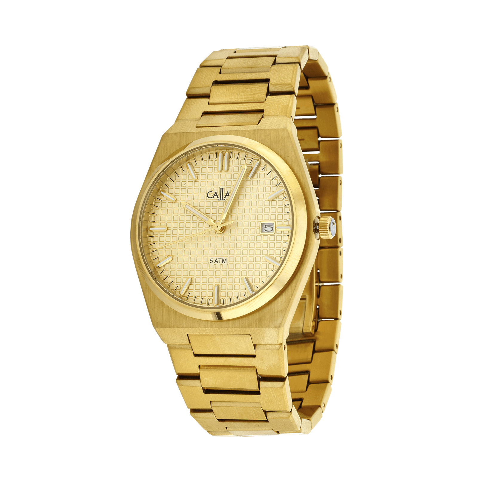 montre callas acier doré date bracelet doré cadran embossé gold