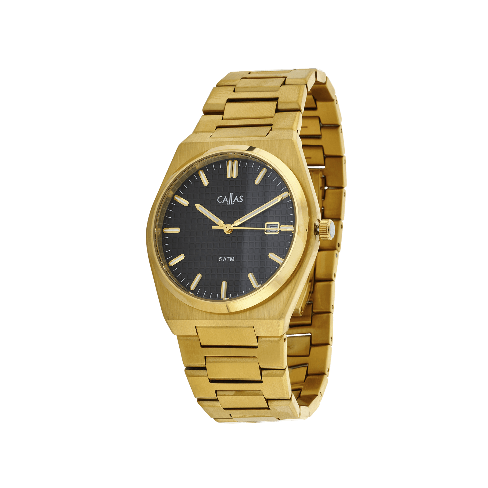 montre callas acier doré date bracelet doré cadran embossé noir