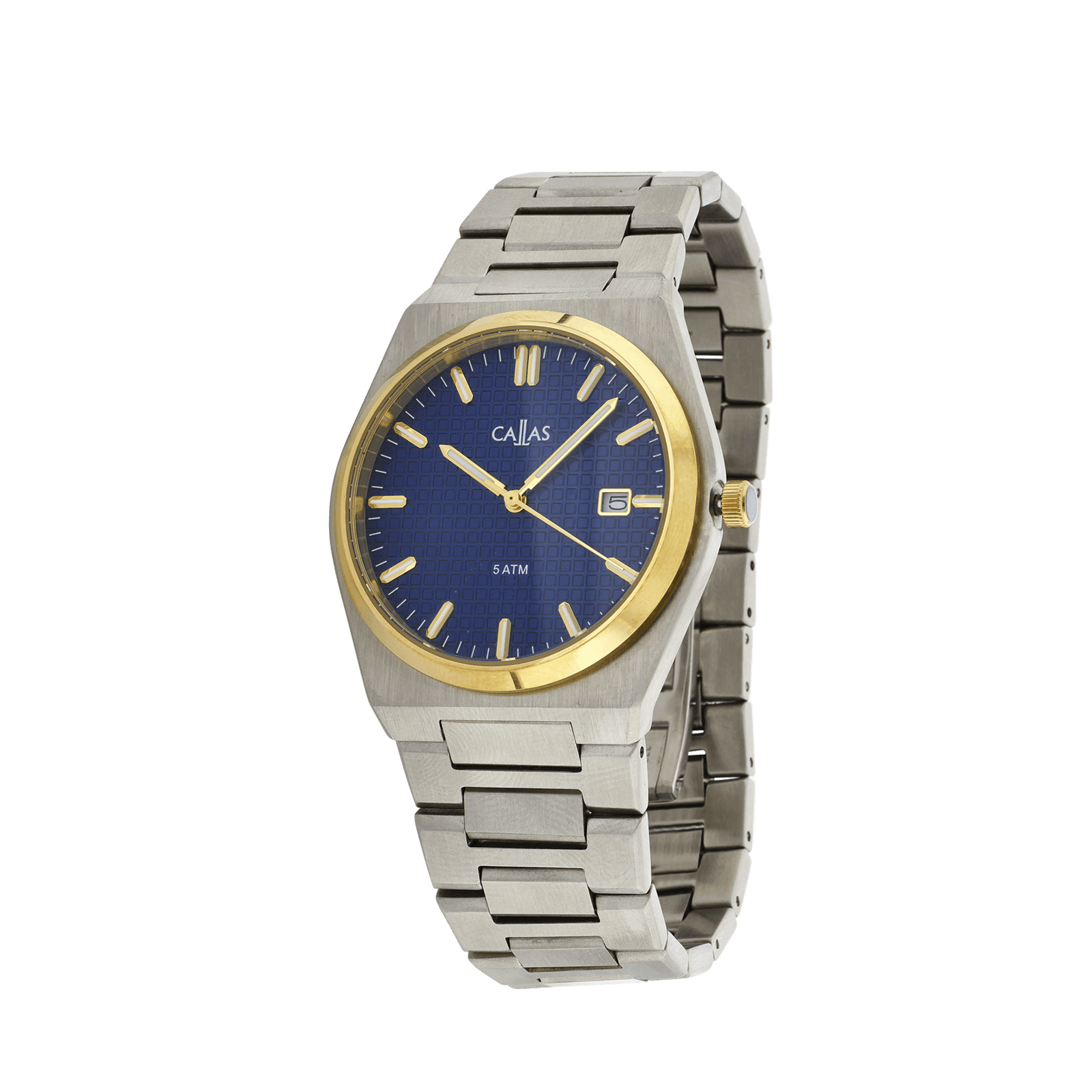 montre callas acier date bracelet ips cadran embossé bleu lunette doré