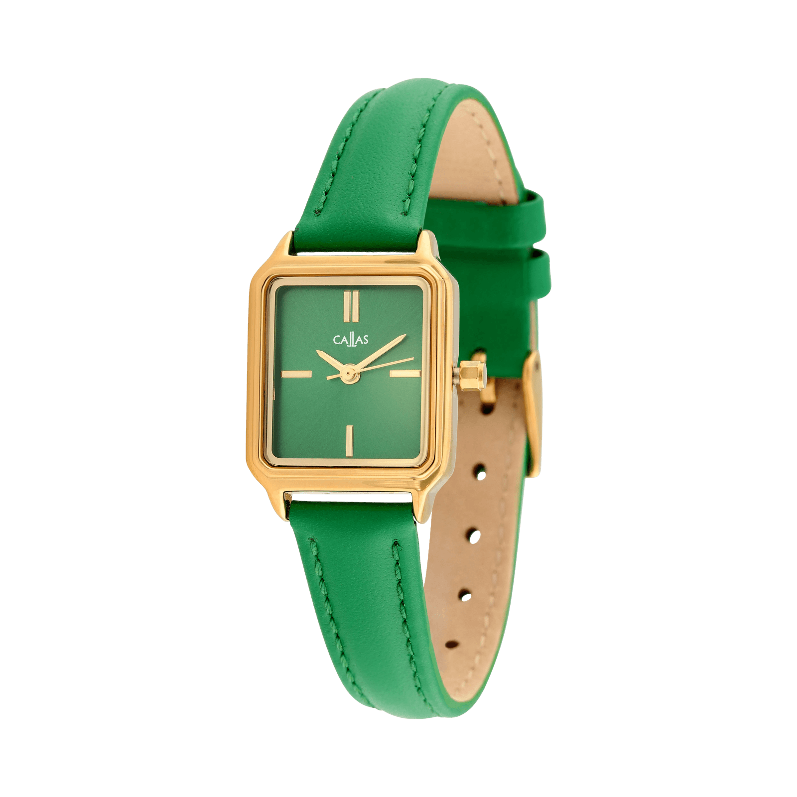 Montre Callas  rectangle Bracelet cuir Acier doré Cadran vert