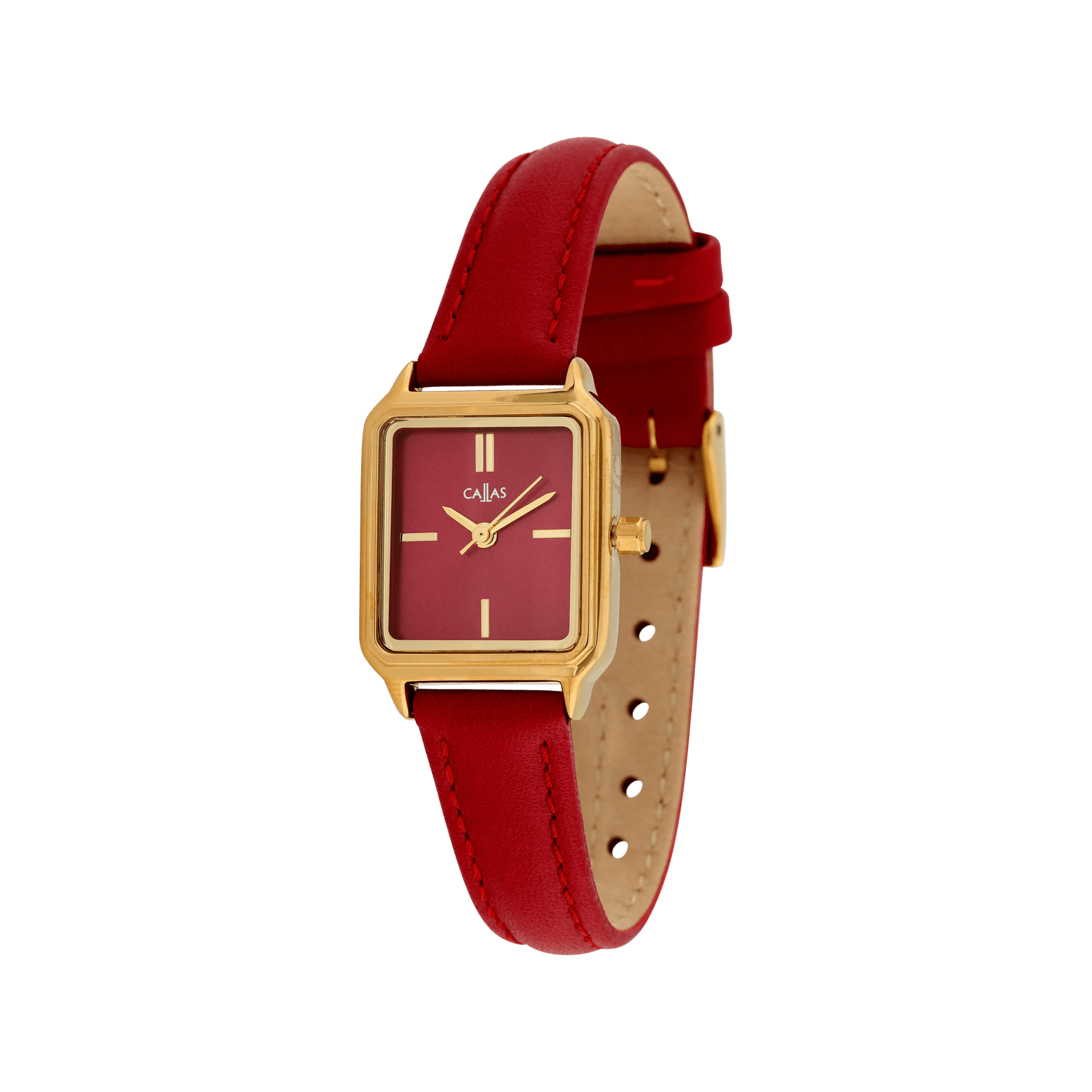 Montre Callas rectangle Bracelet cuir Acier doré Cadran bordeaux