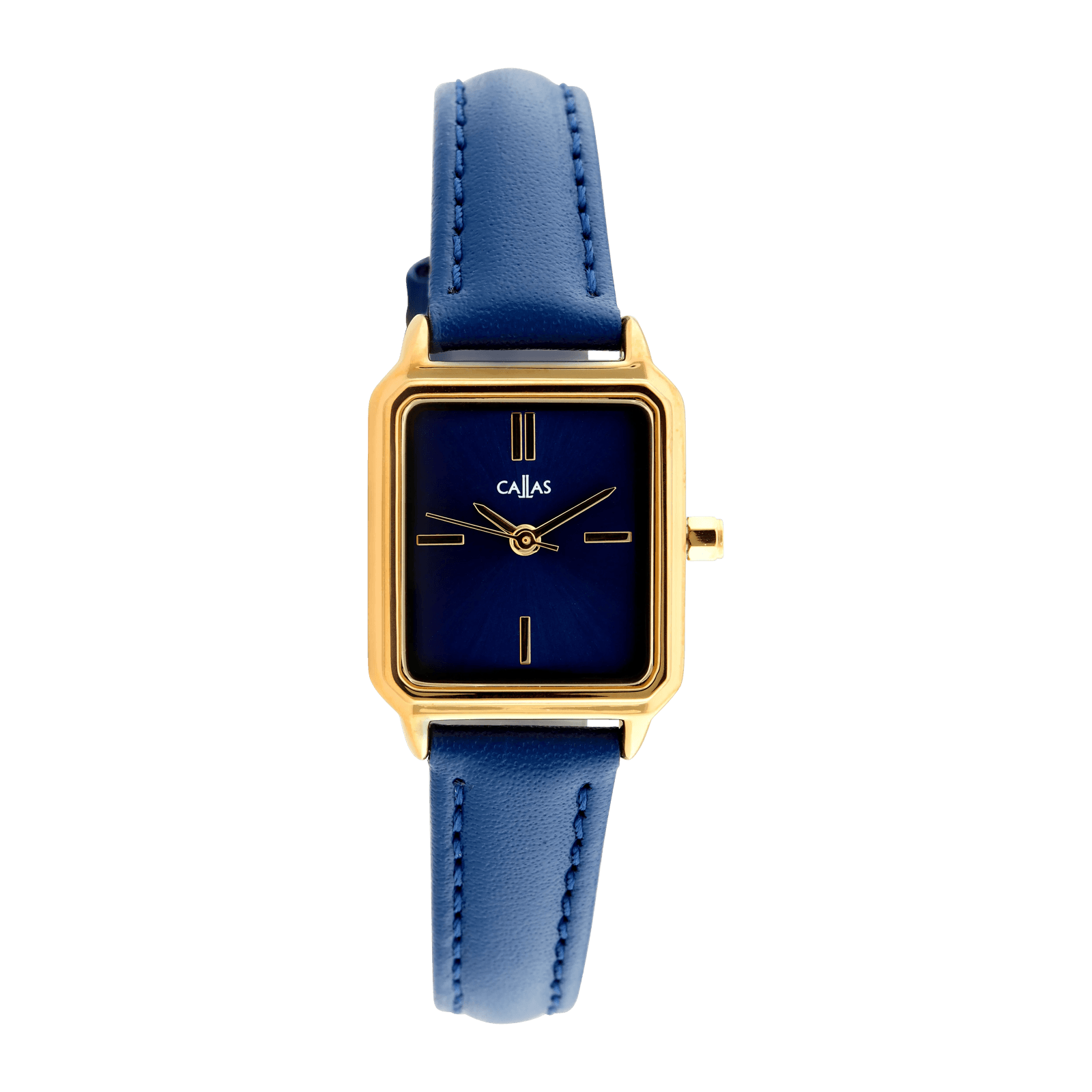 Montre Callas rectangle Bracelet cuir Acier doré Cadran bleu
