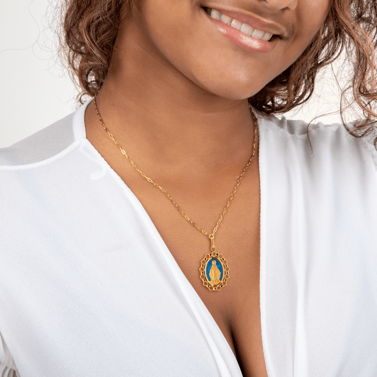 Médaille Plaqué Or Ovale Miraculeuse Email Bleu 20*35mm Avec Bélière
