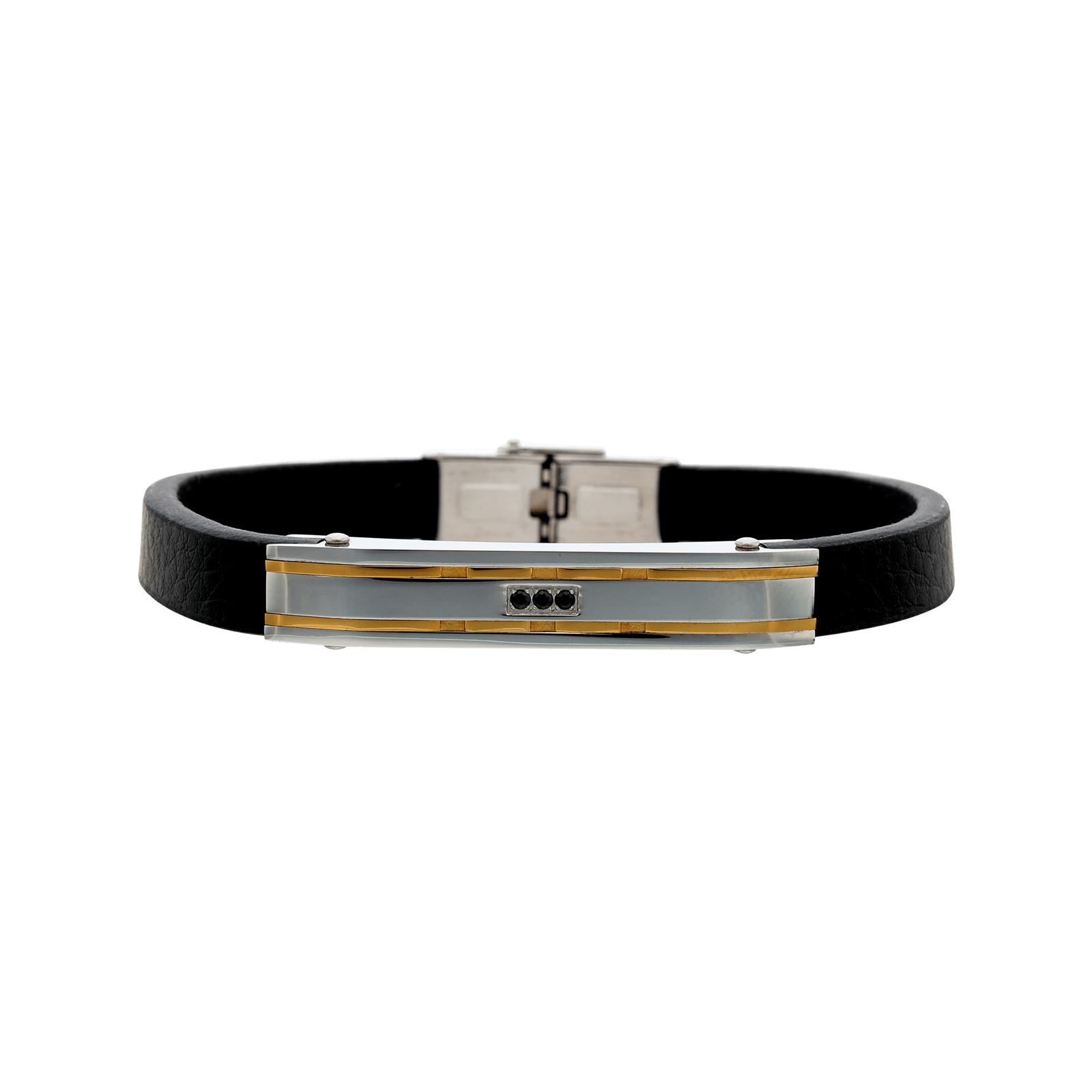 bracelet callas acier cuir noir plaque acier et doré trois zirconia cubique noires 21 mm