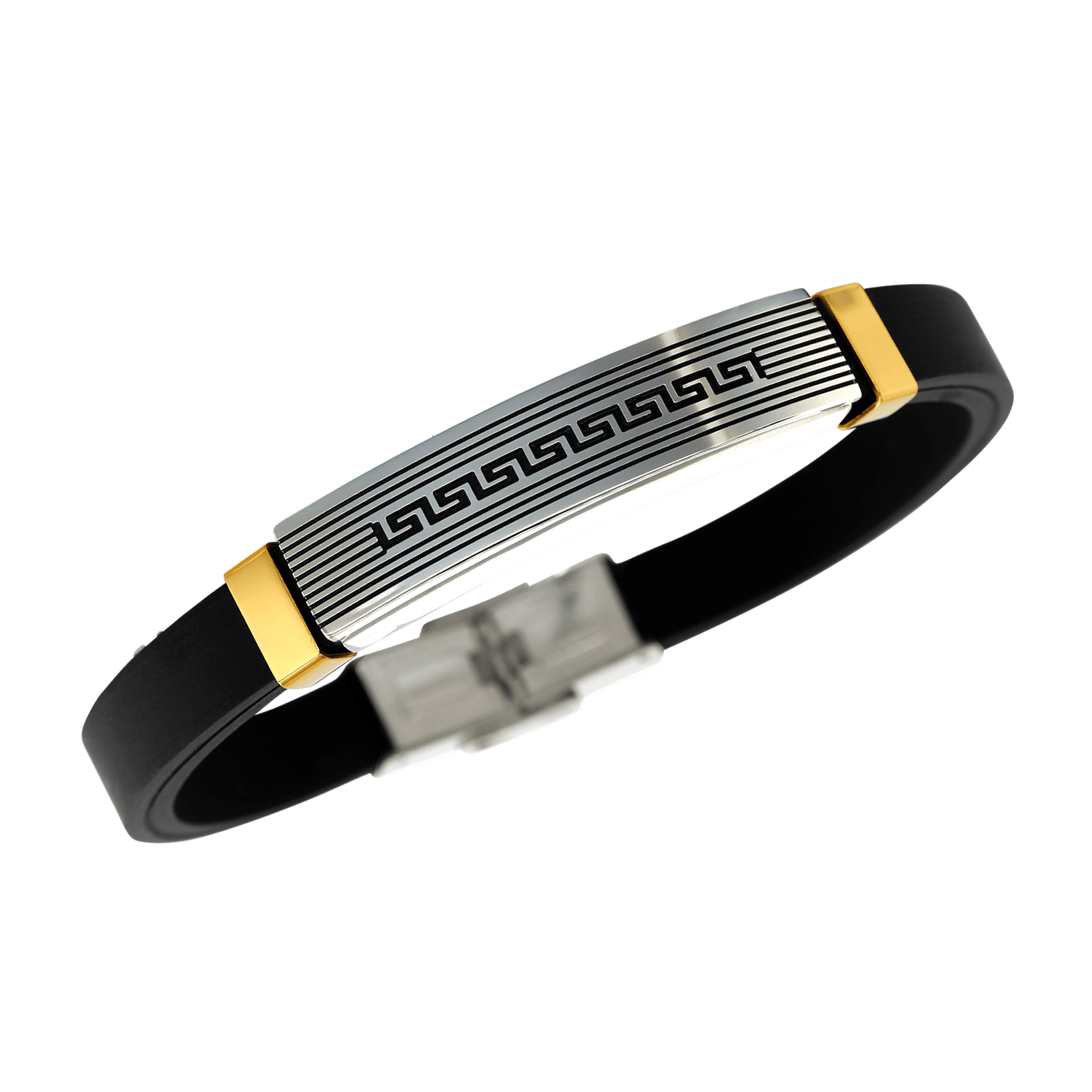 Bracelet Jonc Silicone Plaque Acier Motif Grec
