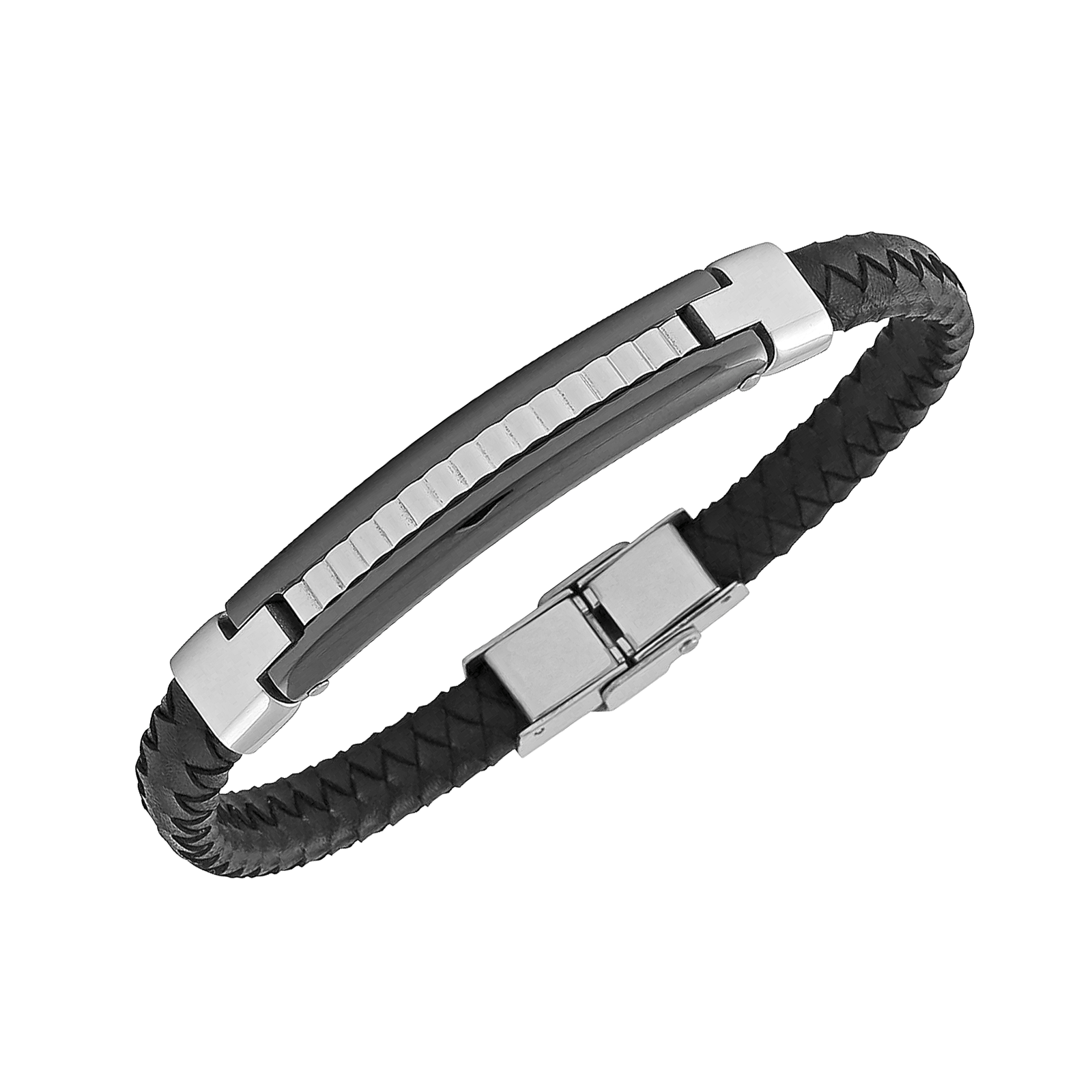 Bracelet Callas cuir noir et acier motif Ion Plating Black 21 centimètres