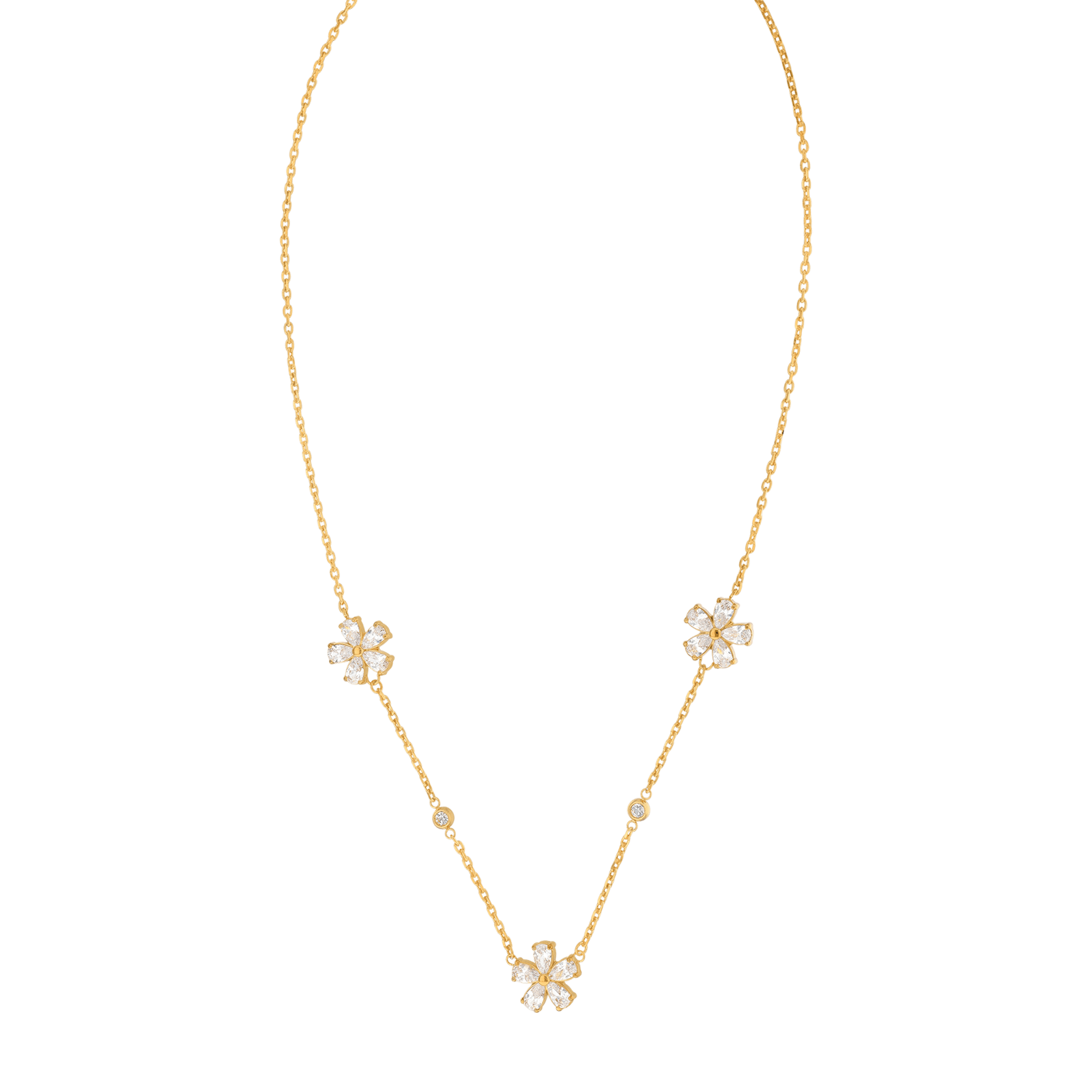 Sautoir Callas en acier doré trois fleurs et oxydes de zirconium, 42 cm avec rallonge de 3 cm