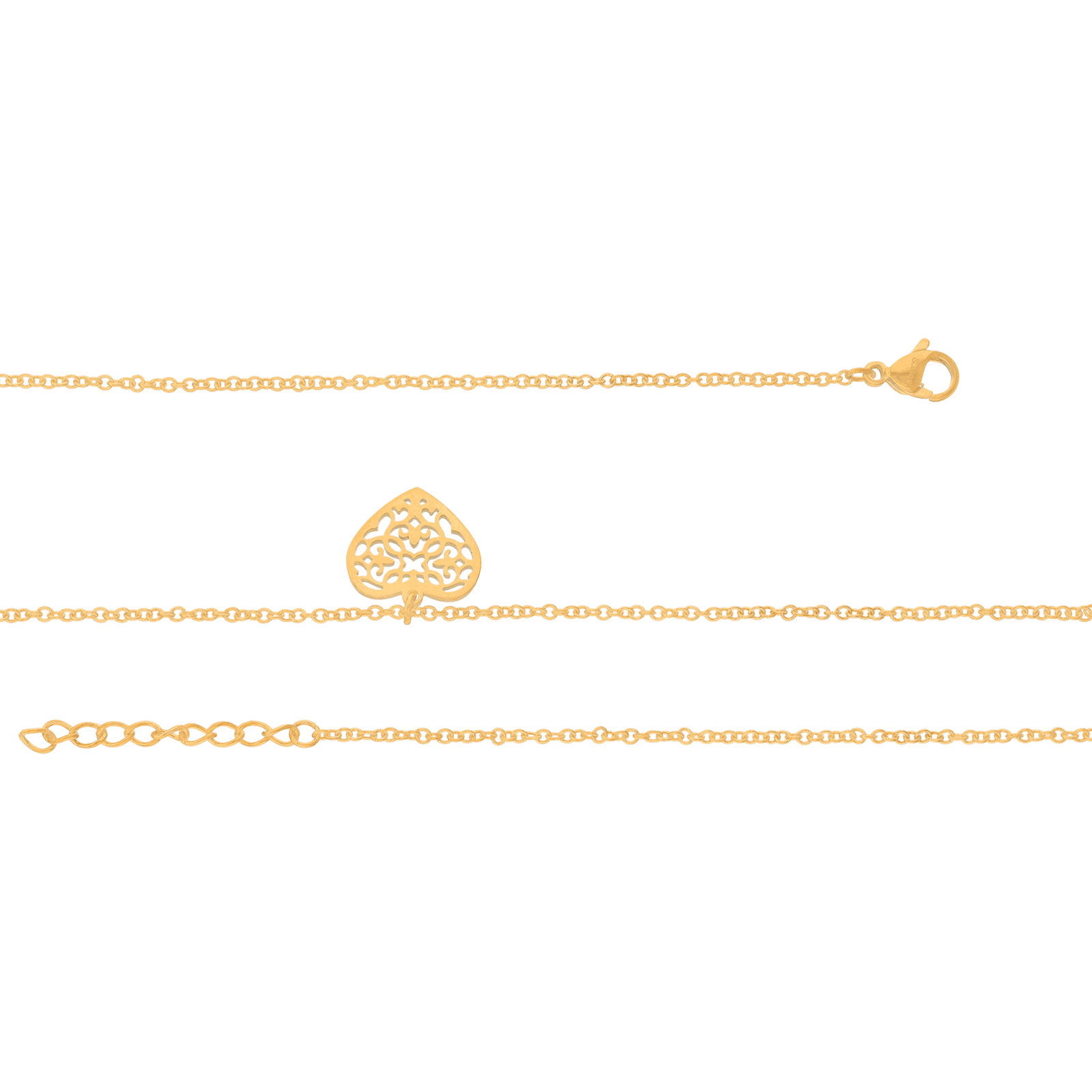 Collier Callas en acier doré avec pendentif cœur ajouré, 42 cm avec rallonge de 3 cm