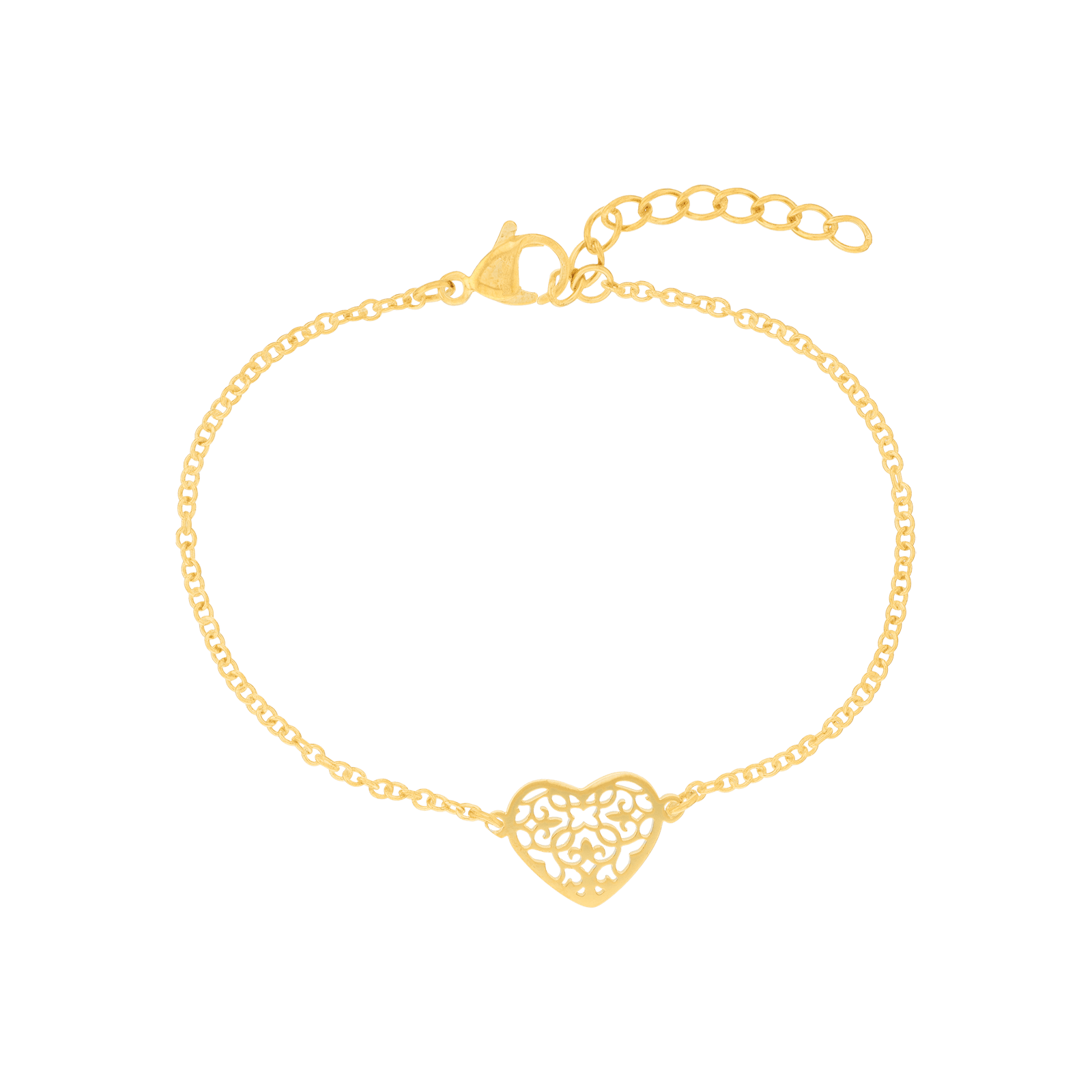 Bracelet Callas en acier doré centre cœur ajouré, 16 cm avec rallonge de 3 cm