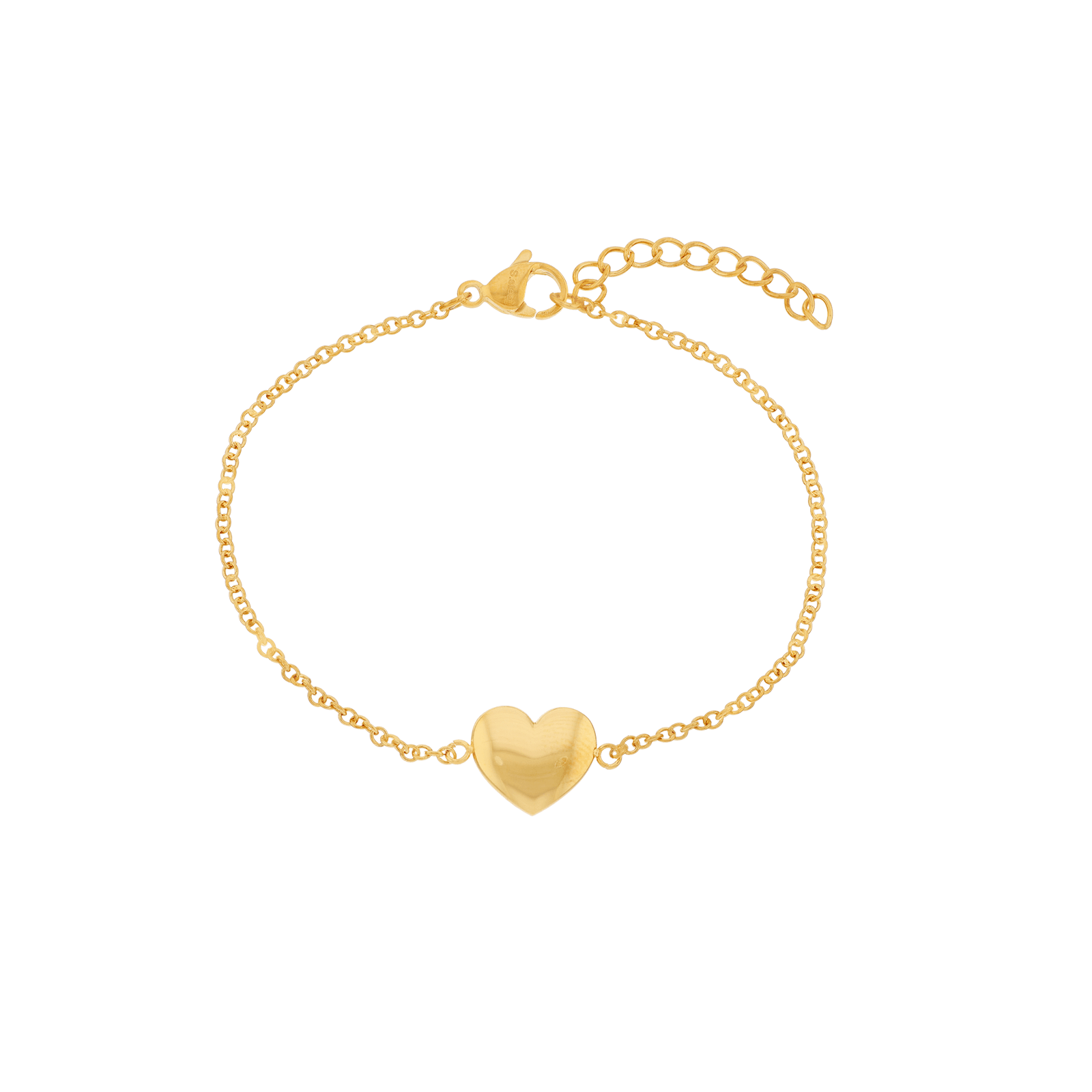 Bracelet Callas en acier doré centre cœur bombé, 17 cm avec rallonge de 3 cm