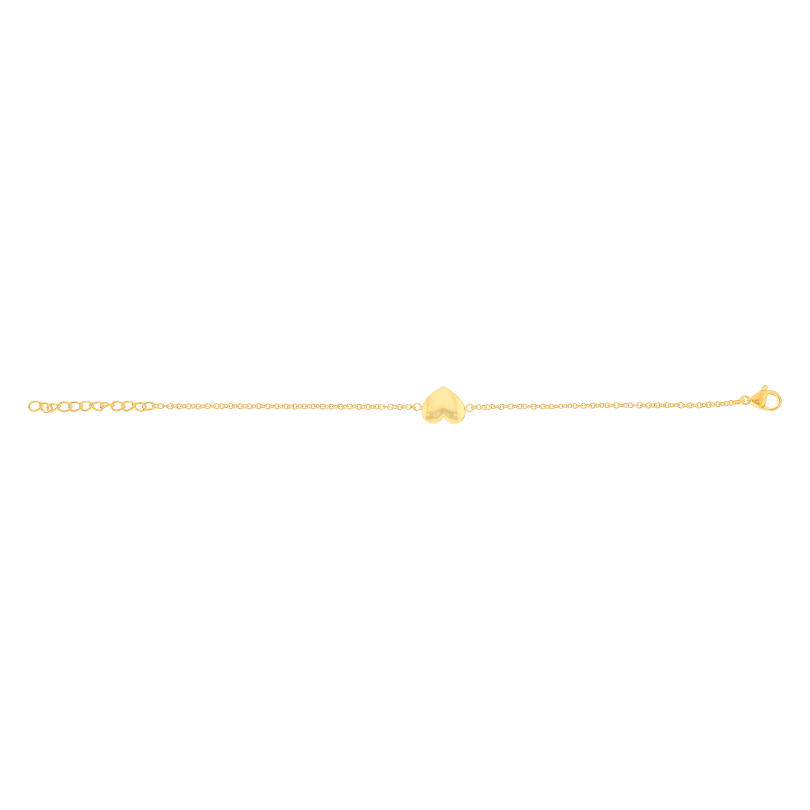 Bracelet Callas en acier doré centre cœur bombé, 17 cm avec rallonge de 3 cm