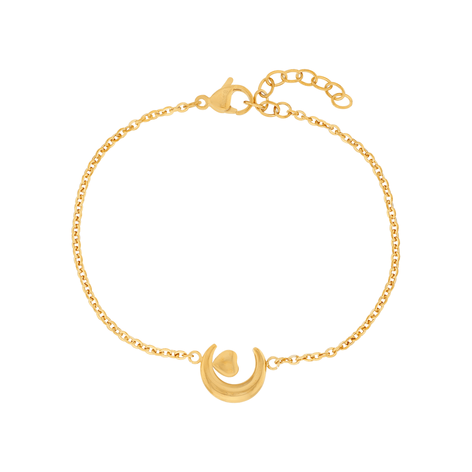 Bracelet Callas en acier doré centre lune et cœur, 17 cm avec rallonge de 3 cm