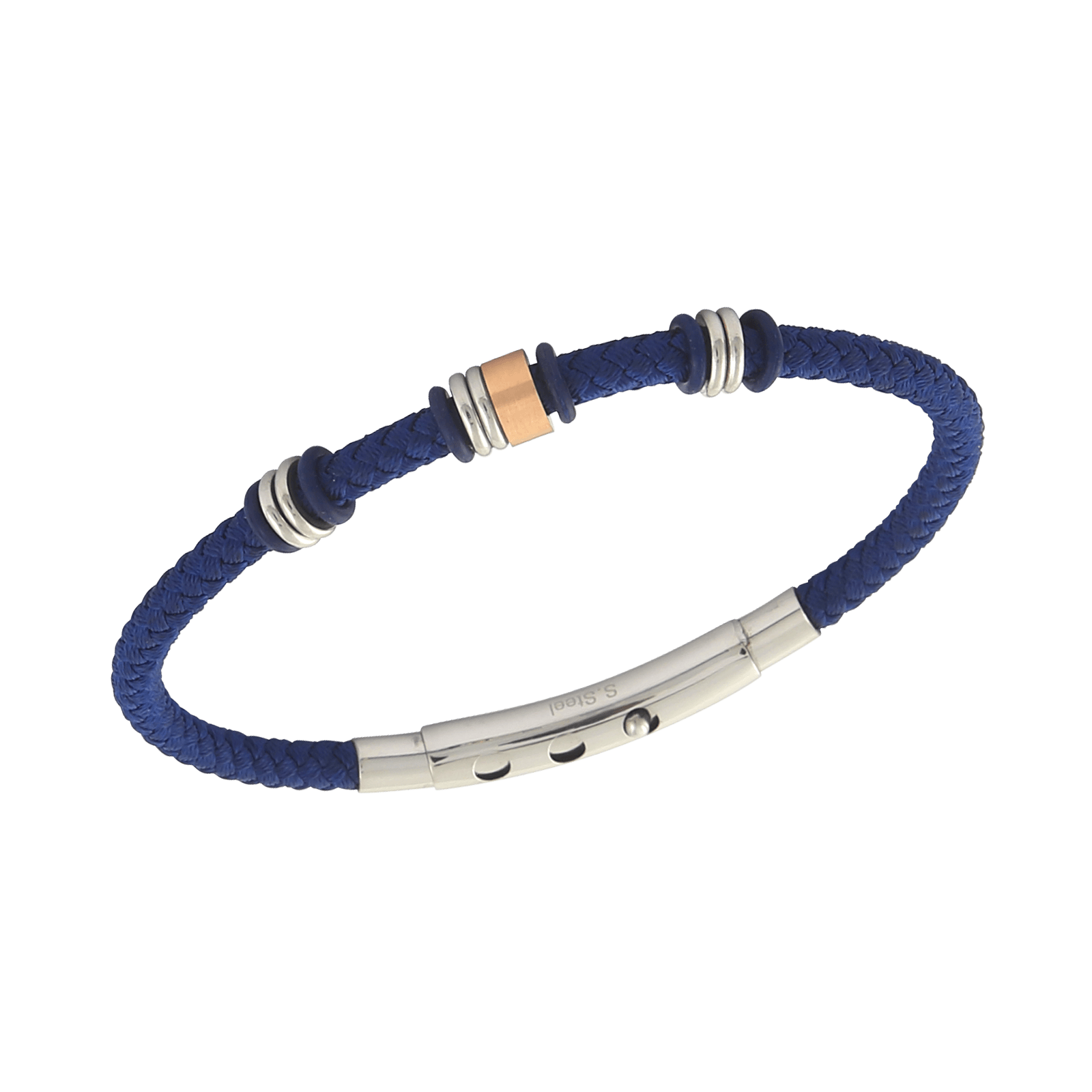 Bracelet Acier Bicolore Coton BleuTressé 20A22cm
