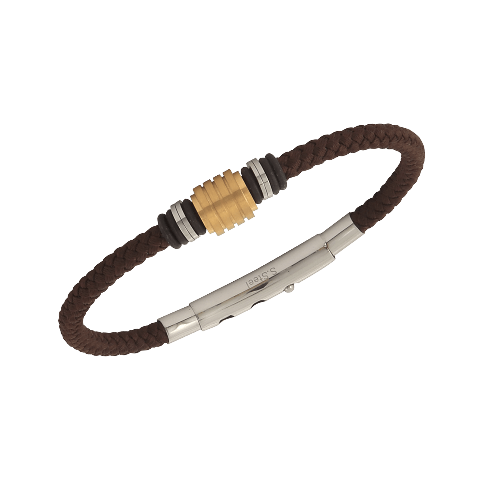 Bracelet Acier Bicolore Coton Marron Tressé 20A22cm