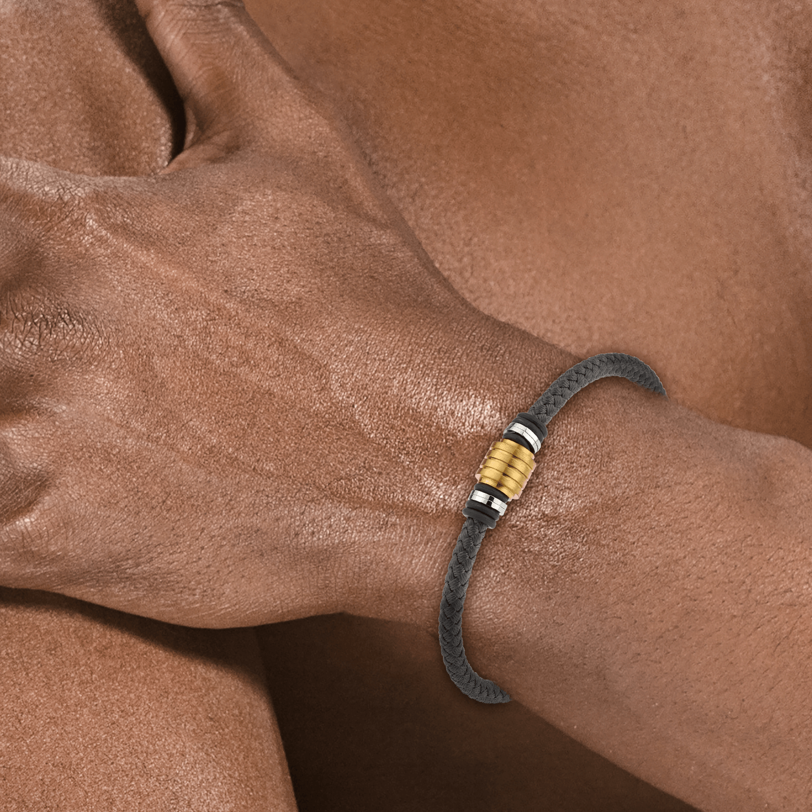 Bracelet Acier Bicolore Coton Gris Tressé 20A22cm