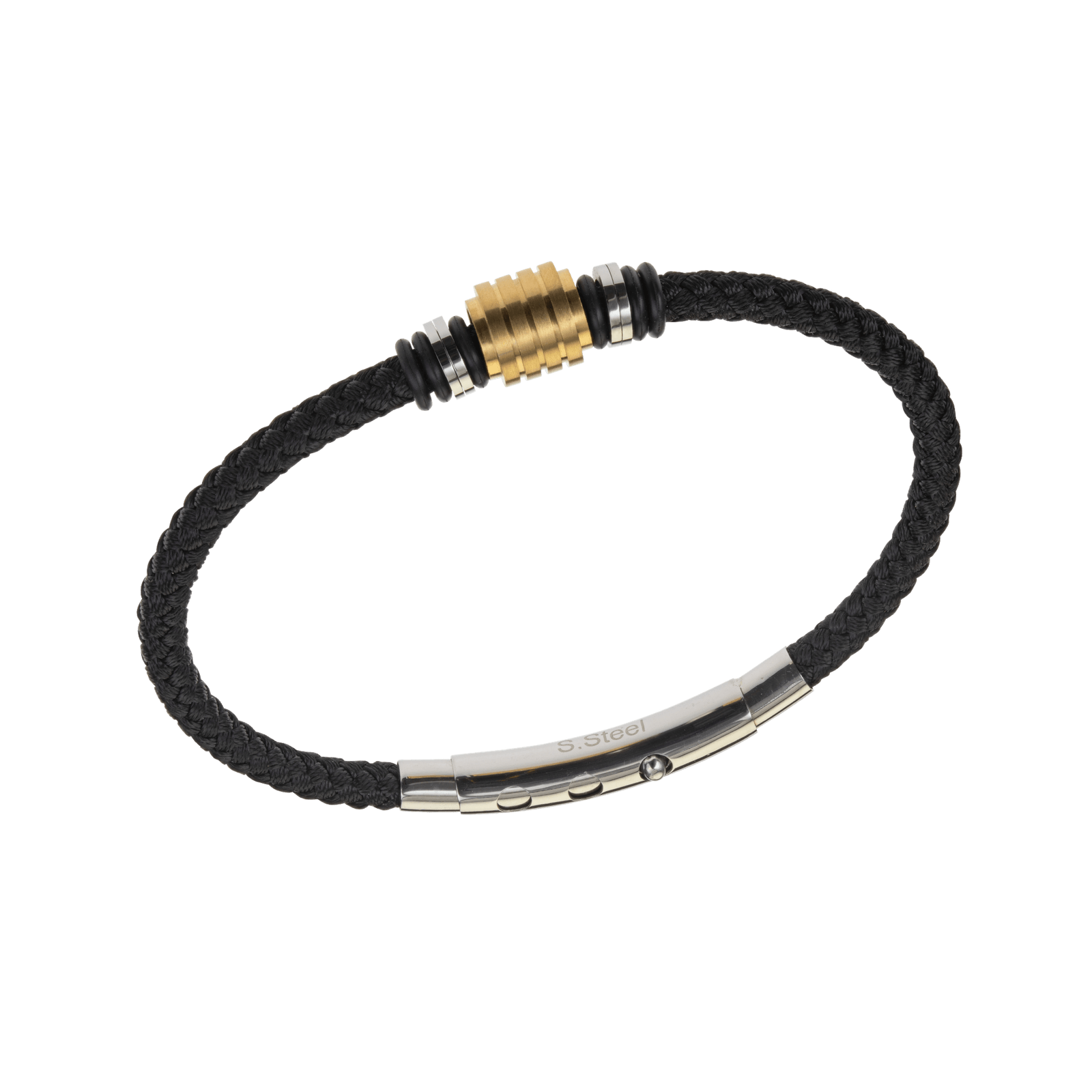 Bracelet Acier Bicolore Coton Noir Tressé 20A22cm