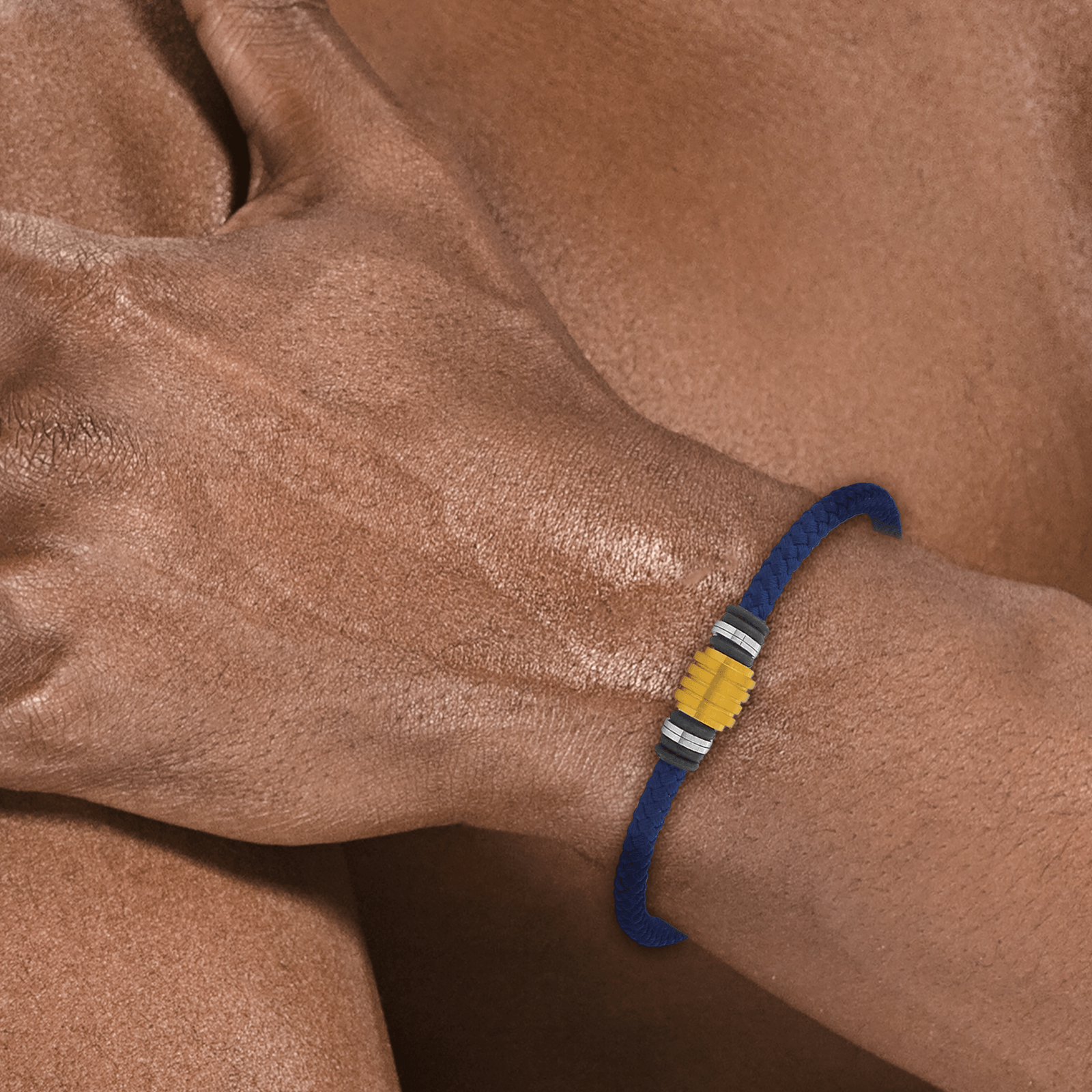 Bracelet Acier Bicolore Coton Bleu Tressé 20A22cm