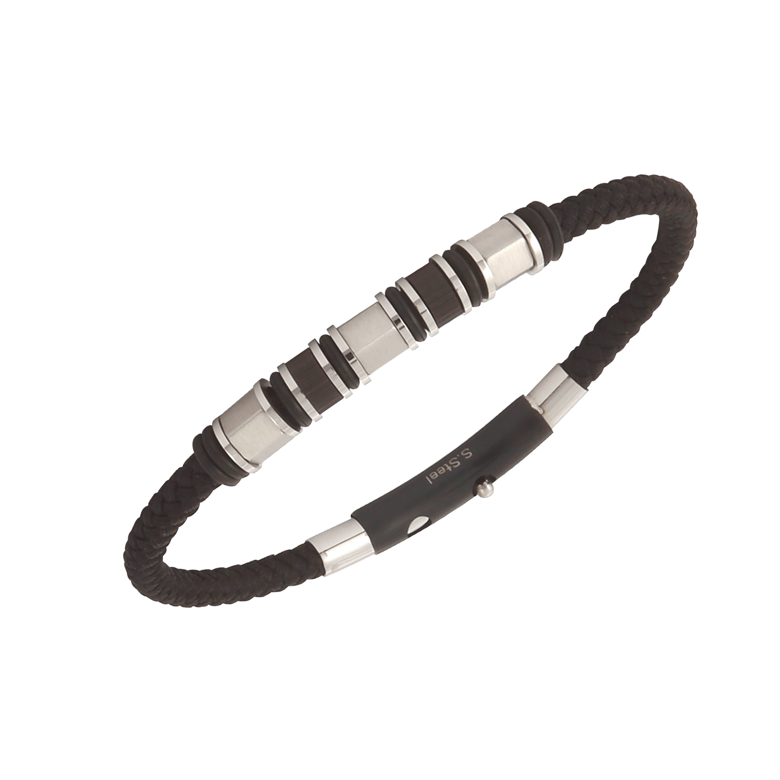Bracelet Acier Bicolore Cordon Noir Tressé 20A21cm