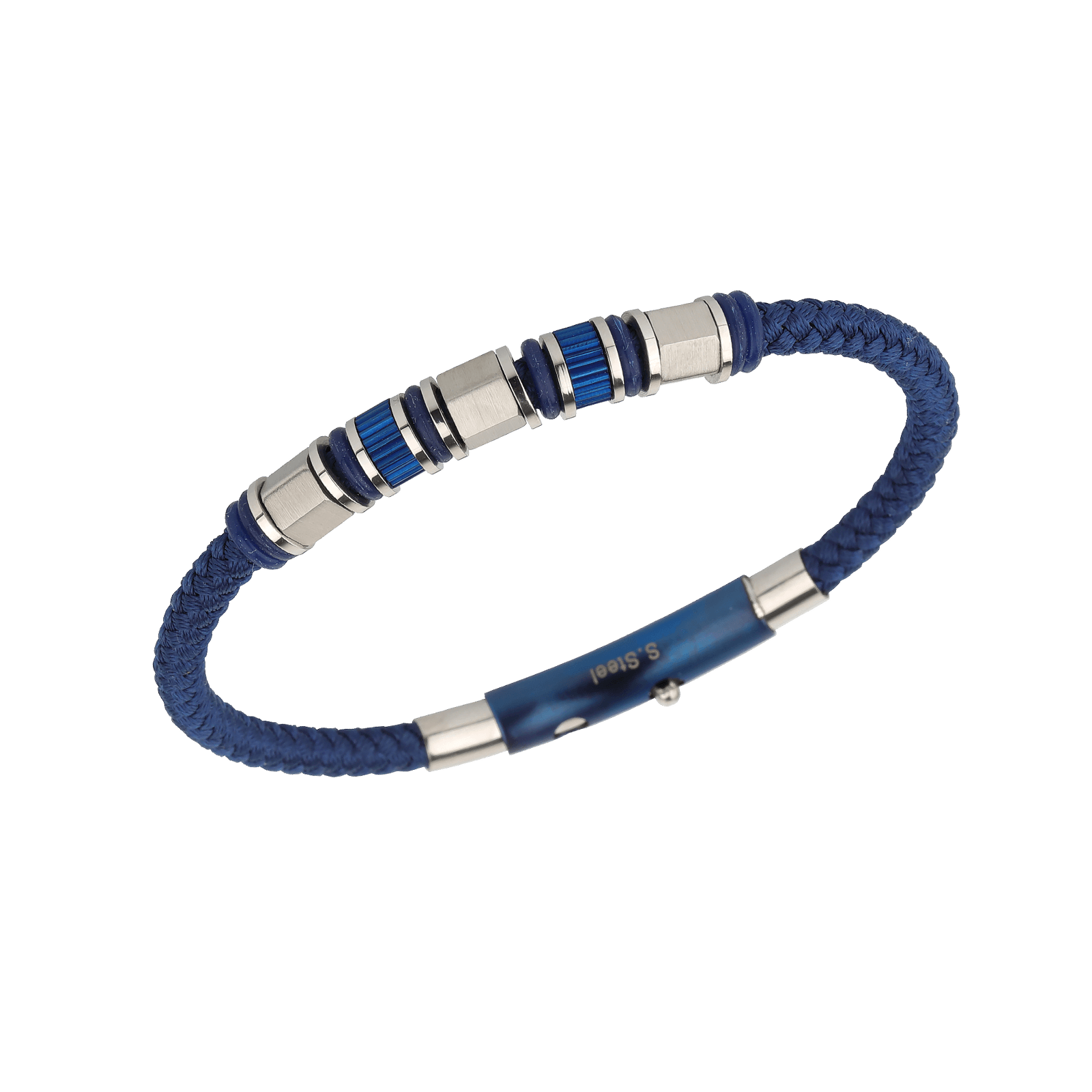 Bracelet Acier Tricolore Coton Bleu Tressé 20A21cm