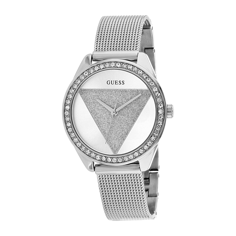 Montre Femme Guess "Tri Glitz" Boîtier Acier Argenté 36-38mm, Cadran Soleillé Argenté  Cristaux, Bracelet Milanais Argenté – W1142L1