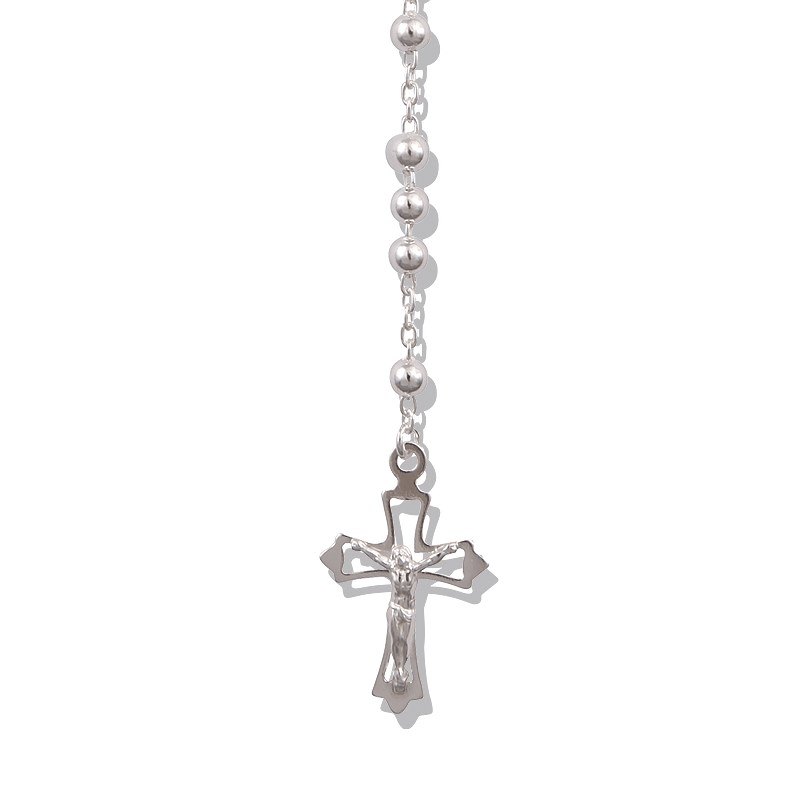 Collier Chapelet Argent 925 1.9mm Boules 4mm Miraculeuse Croix Christ 58cm