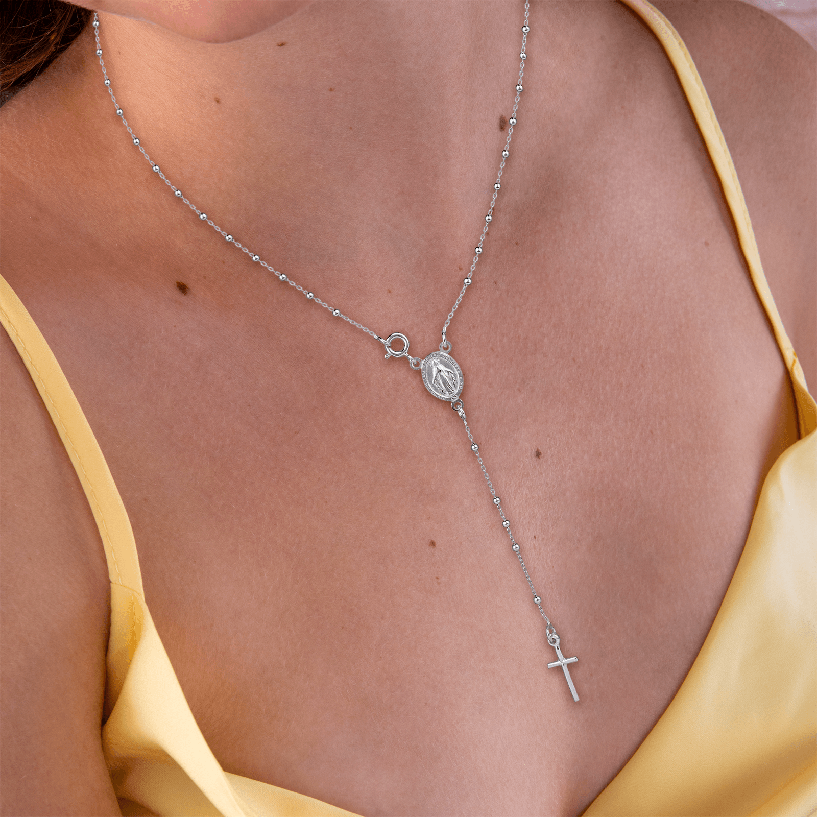 Collier chapelet argent médaille et croix