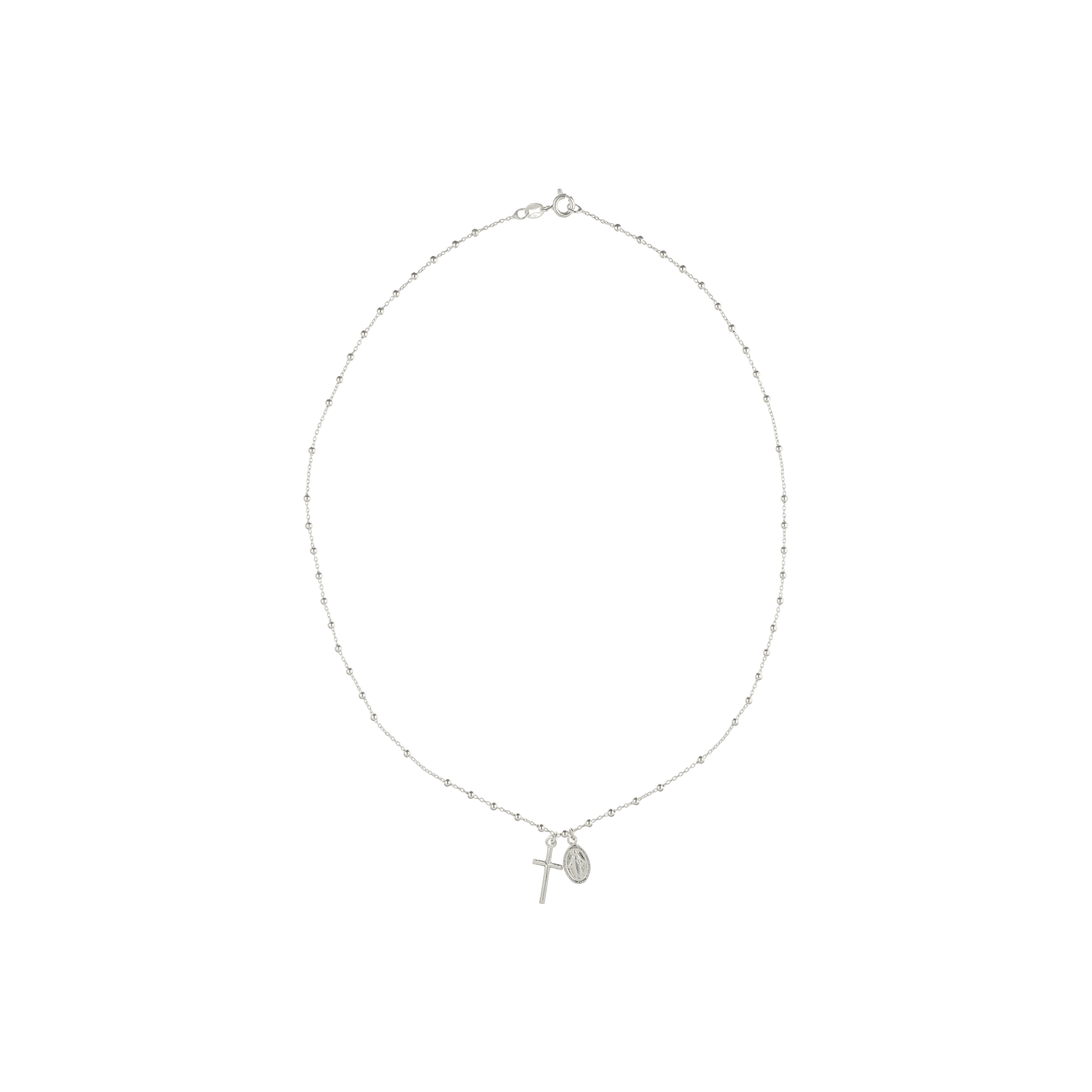 Collier Argent boules Pendentif croix et miraculeuse 45 centimètres