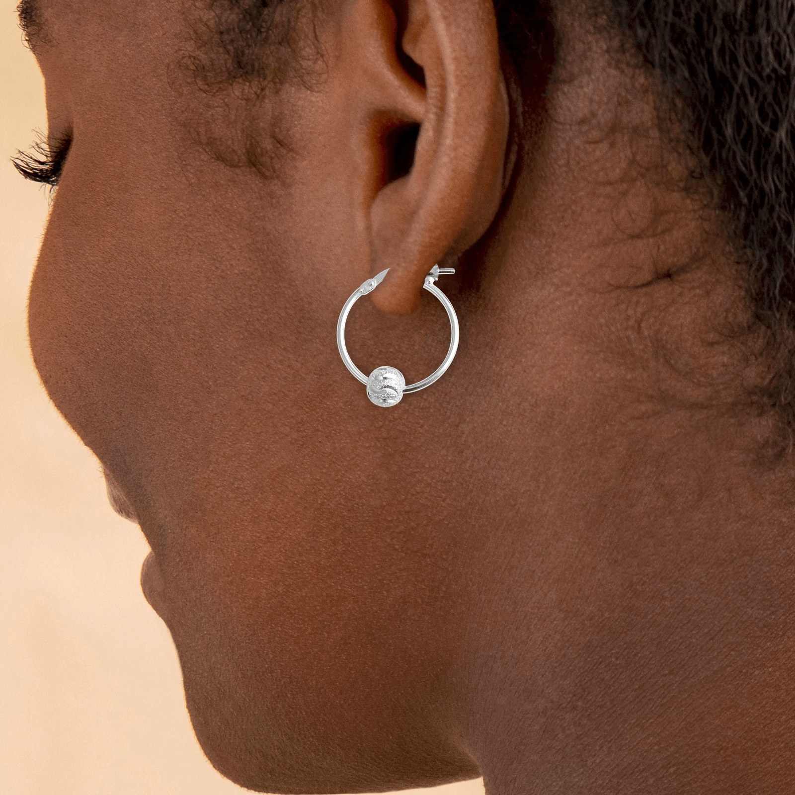 Boucle d'Oreilles Argent Créole 1 boule diamantée 1.2/15 millimètres intérieure