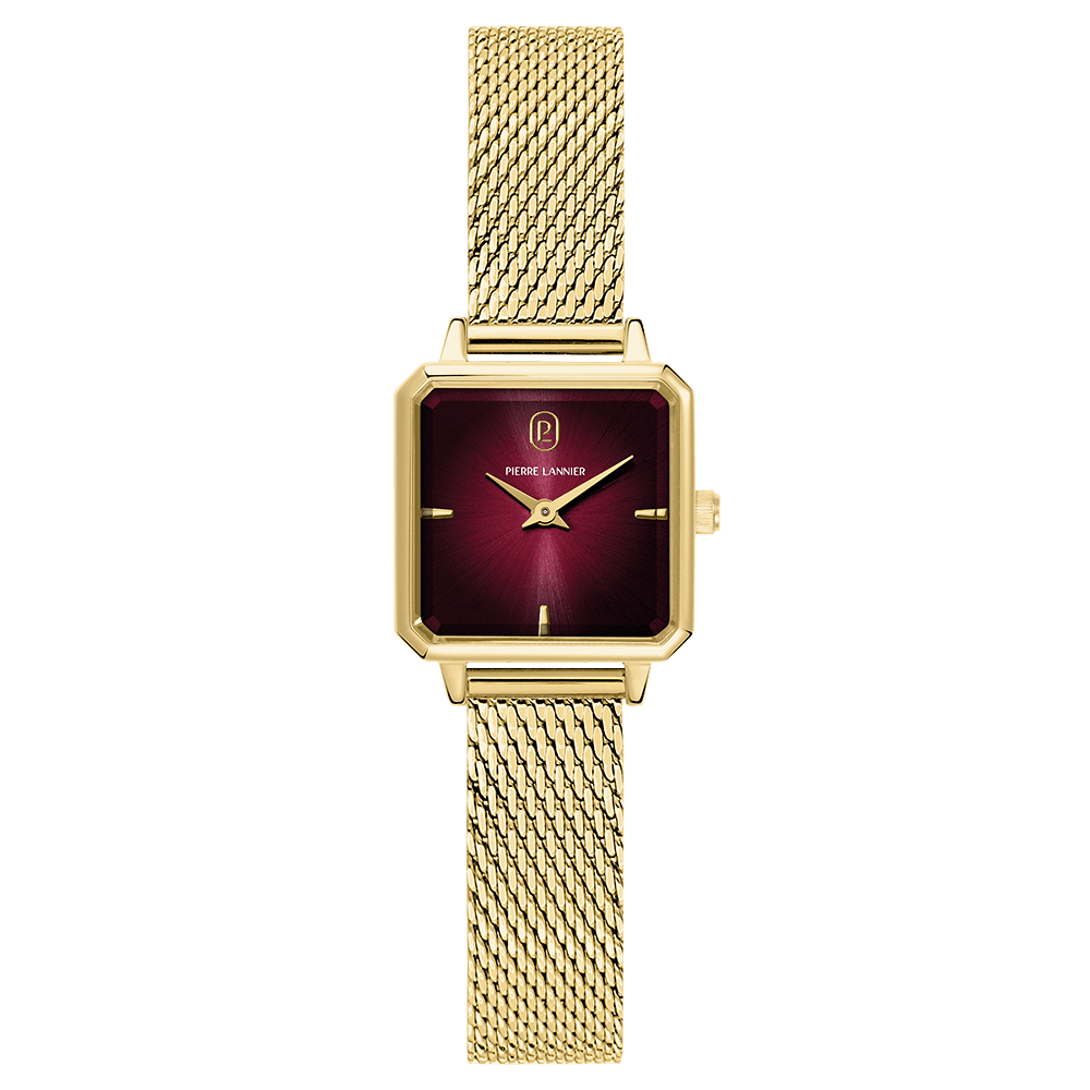 Montre Femme LEONOR Doré Cadran Bordeaux Bracelet Acier milanais Doré 12 MM